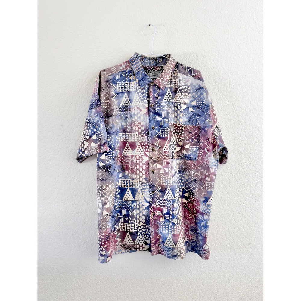 Weekender Traveler Shirt Mens XL Blue Purple Batik Geometric Vintage Button Down